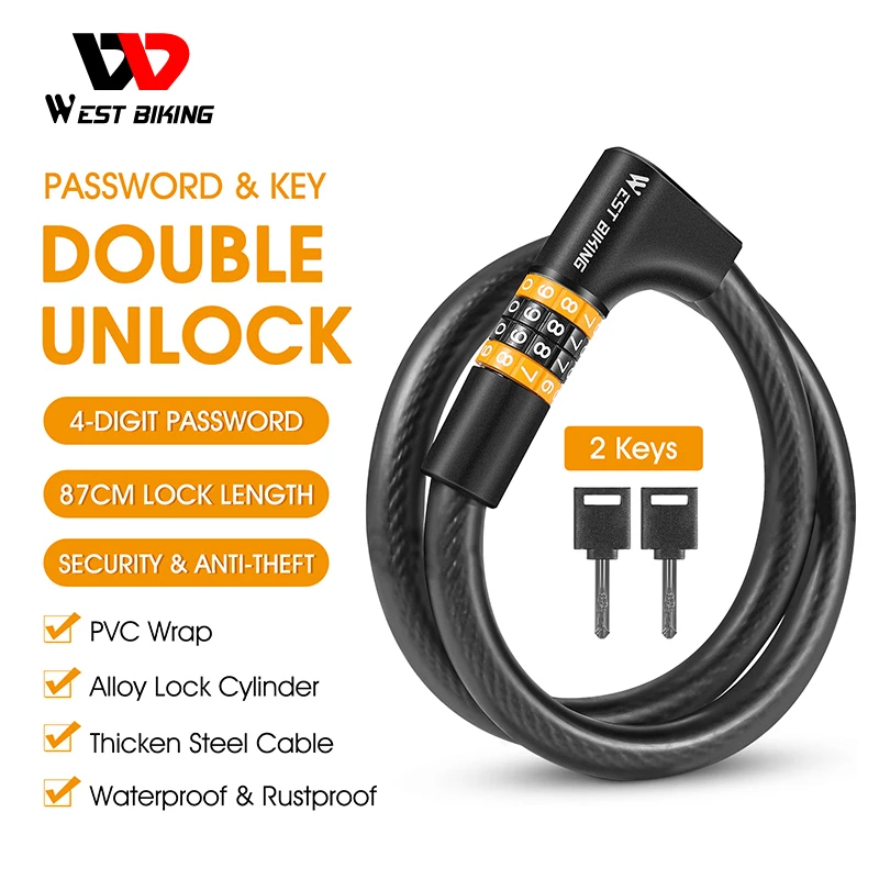 

WEST BIKING Bike Cable Lock Password Keys Combination Anti Theft Lock MTB Road Bicycle Electric Scooter Motorcycle Cycling Lock
