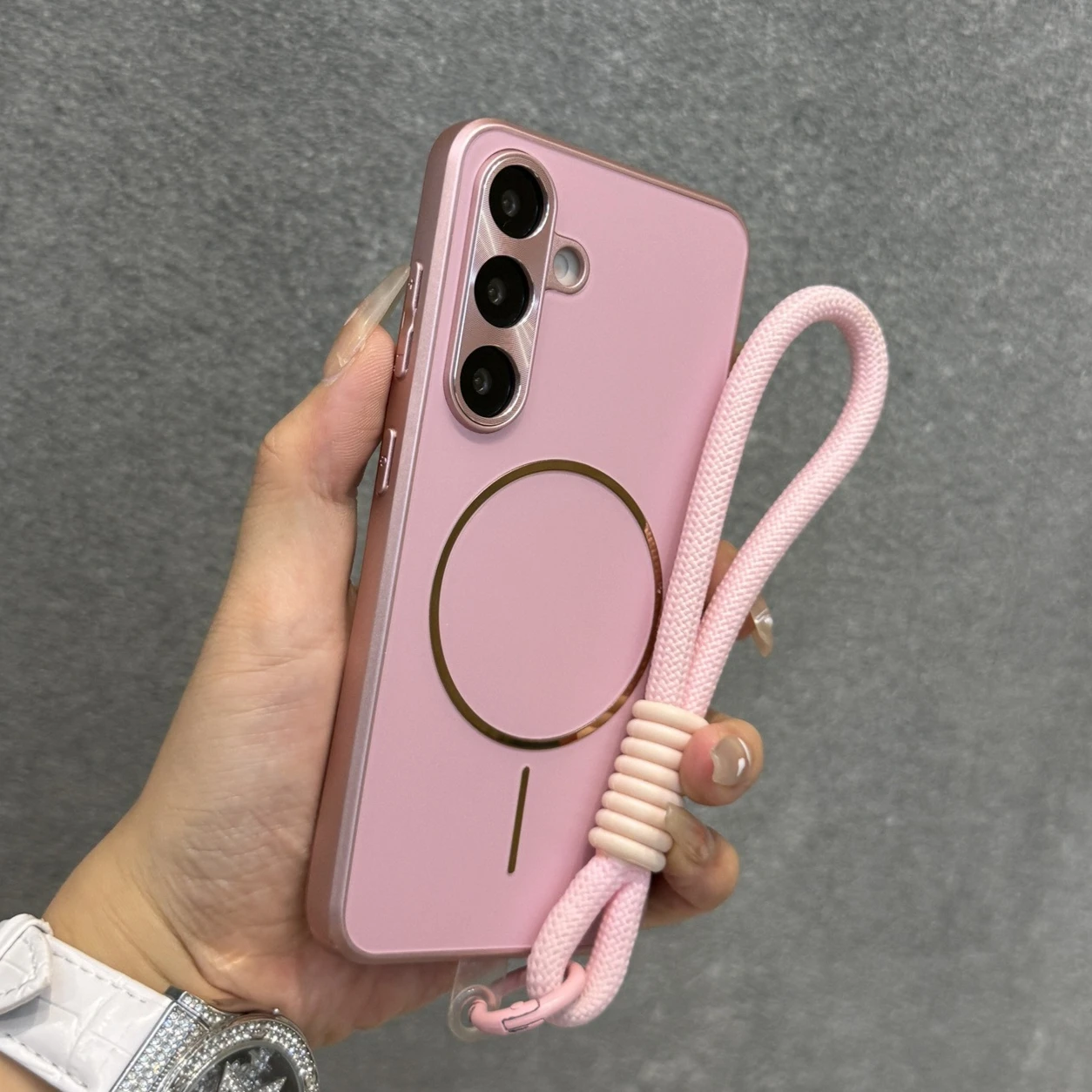 Luxury AG Plating Lanyard Case with Wireless Charging and Wrist Strap Cover