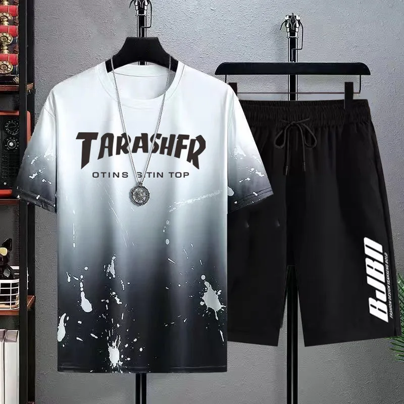 Quick Drying Ice Shreds Gradient Suit Men Round Neck Short Sleeved T-shirt Summer Comfortable Shorts Motion Casual Two Piece Set