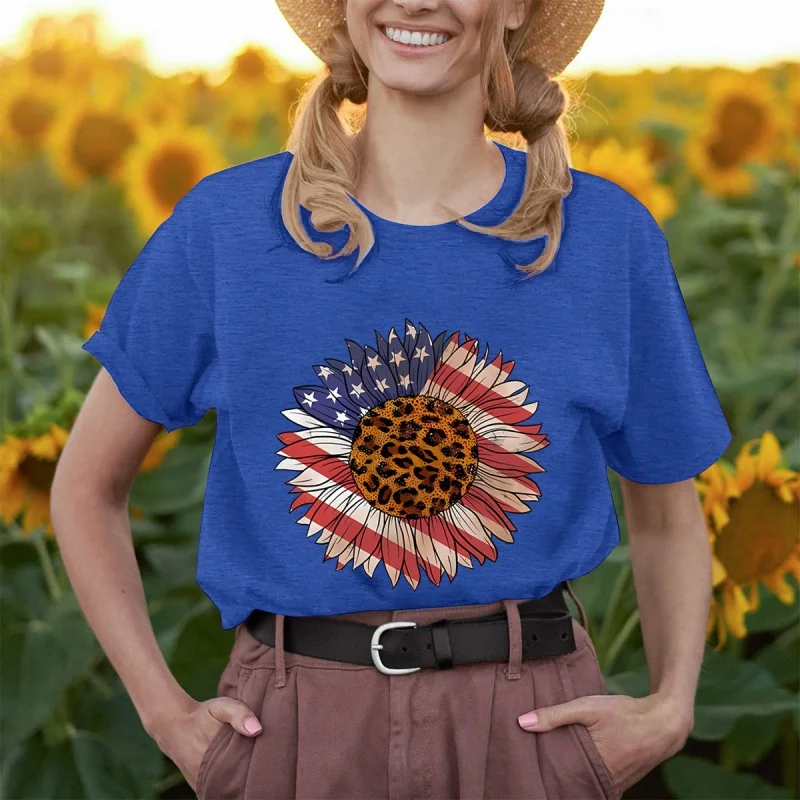 

Loose casual women's sunflower American flag print short-sleeved women's T-shirt round neck tops