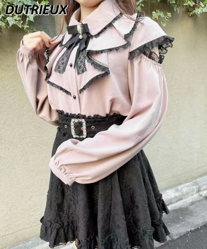 

2023 New Autumn Shirt Japanese Single Shirts Rojita Lolita Mine Ruffled Off-the-Shoulder Lace Blouse Femme Sweet Bow Blusas Top