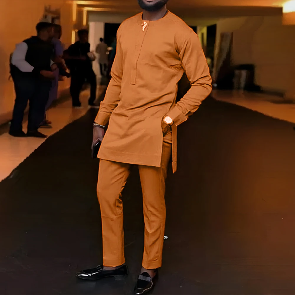 2023 Dashiki African Men's Solid Color Long-sleeved Trousers Two-piece Set of Casual Fashion Traditional National Clothing M-4XL