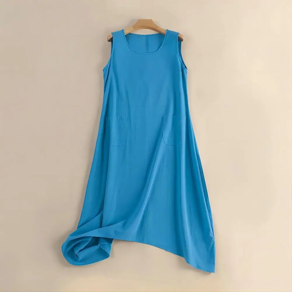 

Comfortable Beach Dress Women Beach Dress Summer Beachwear Sleeveless Long Dress with Irregular Hem Double Big Pockets for Women