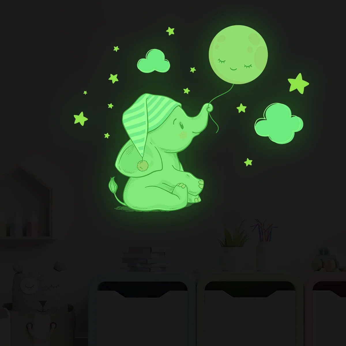 Luminous Wall Stickers Cartoon Cute Elephant Balloon Star Animal For Bedroom Living Room Nursery Decoration