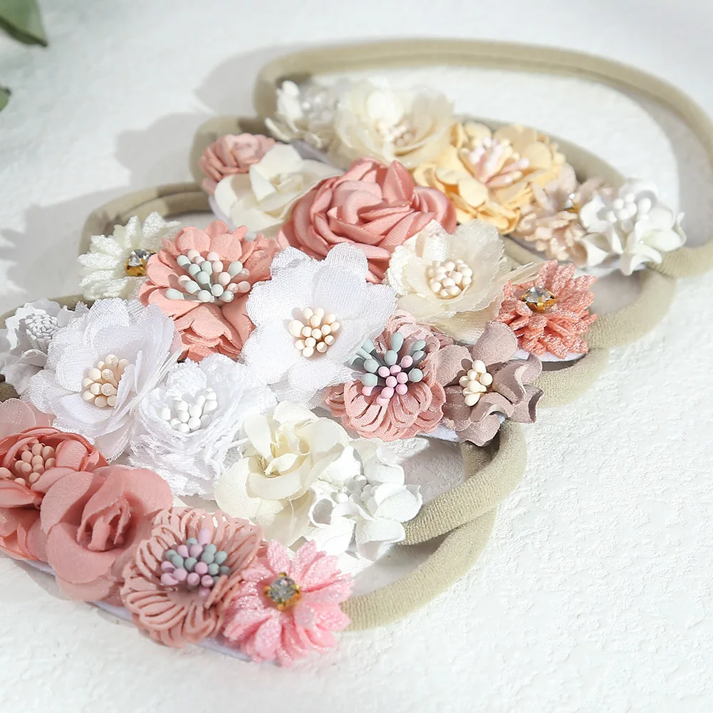 5 Teile/los Künstliche Blume Baby Stirnband Neugeborenen Jungen Mädchen Gefälschte Floral Nylon Haar Bands Prinzessin Strass Haar Zubehör – Detail 4