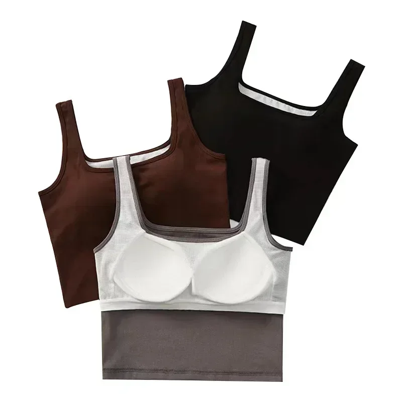 LO Sports Short Sleeved High Elastic Belt Chest Cushion Square Neck Short Vest Outdoor Sleeveless Exposed Navel Suspender Top