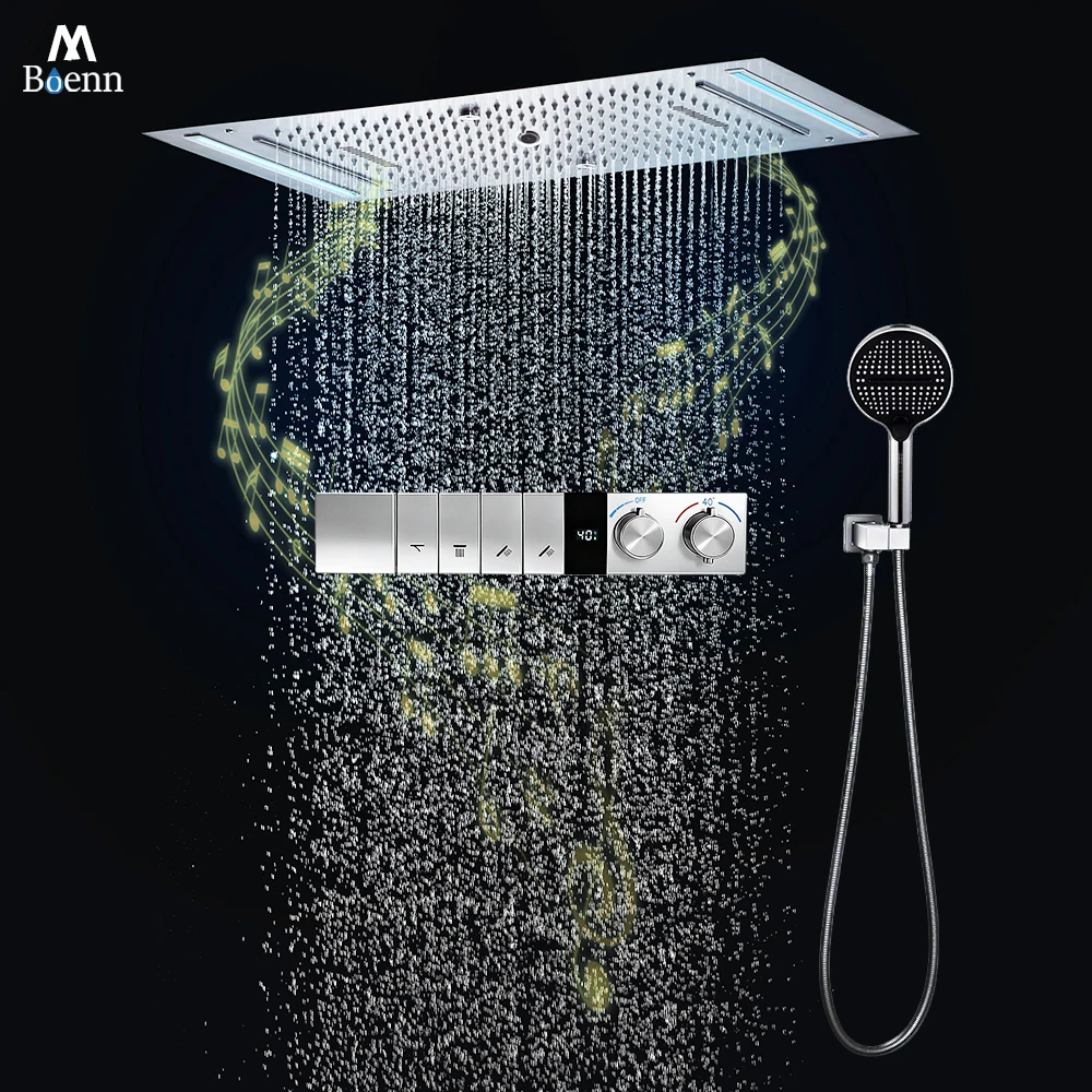 ชุดฝักบัวอาบน้ำขนาดใหญ่ M Boenn 4 ฟังก์ชั่น พร้อมระบบควบคุมอุณหภูมิแบบดิจิตอลอัจฉริยะ ฝักบัวติดเพดานสีดำ ก๊อกน้ำห้องน้ำ 1