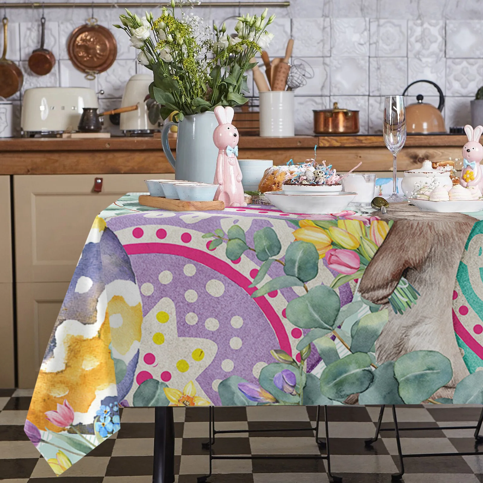 

Easter Tulip Spring Flower Rabbit Table Cloth Waterproof Dining Tablecloth Kitchen Decorative Party Table Cover
