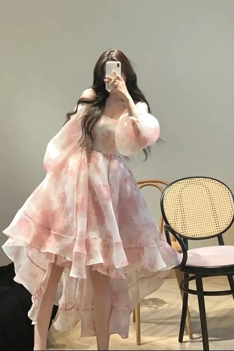 Princess Puff Sleeve long-sleeved Dress Fashion meat