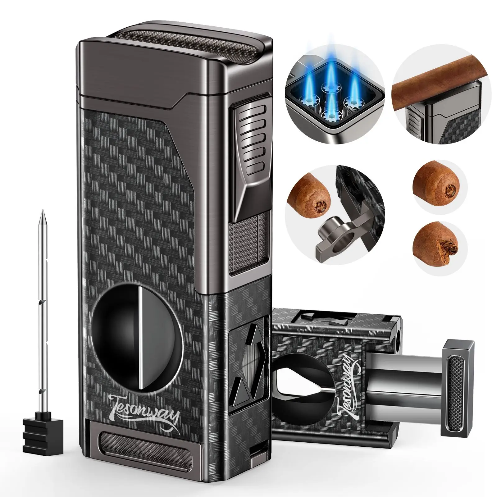 Cigar Lighter 4 Jet Flame Cigar Lighters with Cigar Cutter Cigar Accessories Cigar Draw Enhancer Windproof Refillable Butane