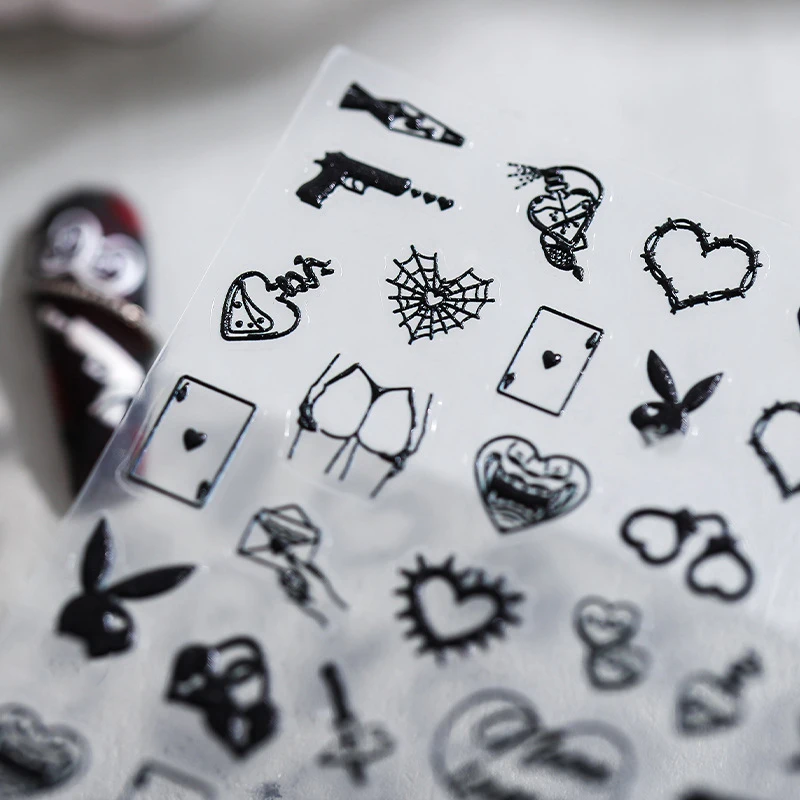 1 Sheet 5D Realistic Relief Sexy Night Life Gun Poker at Lane End Neon Area Adhesive Nail Art Stickers Decals Manicure Charms 4