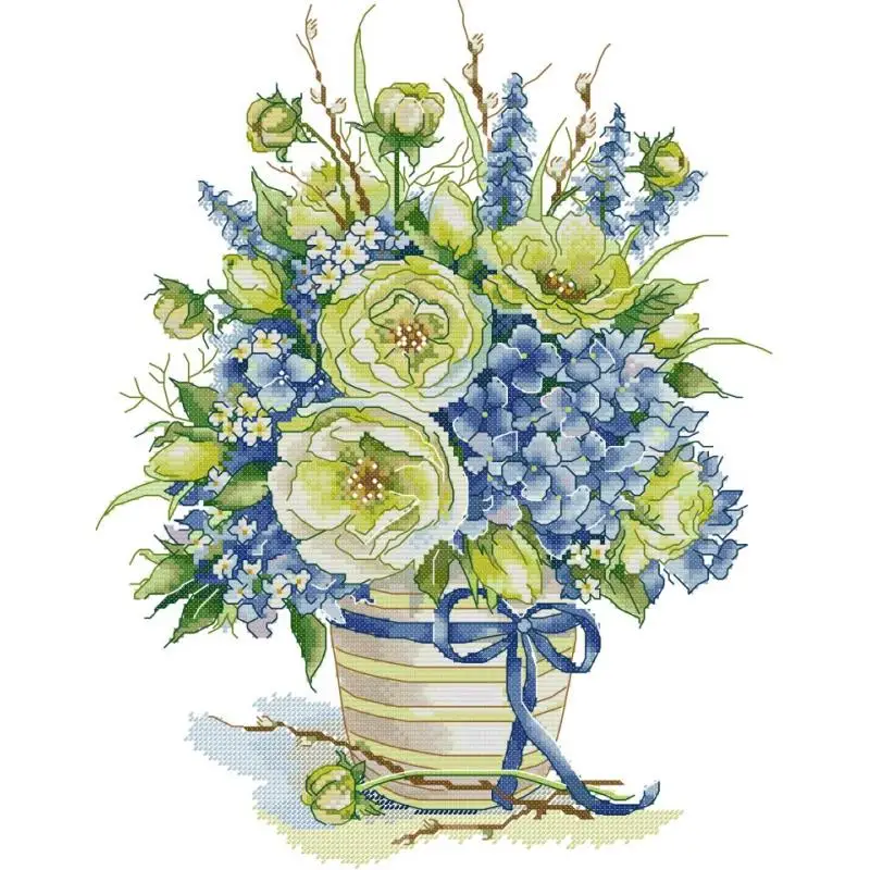 

Blue Hydrangea Flower Basket Cross Stitch Kit 14 16 11CT Canvas Printed Fabric Set DIY Floral Pattern Embroidery Home Decor Gift
