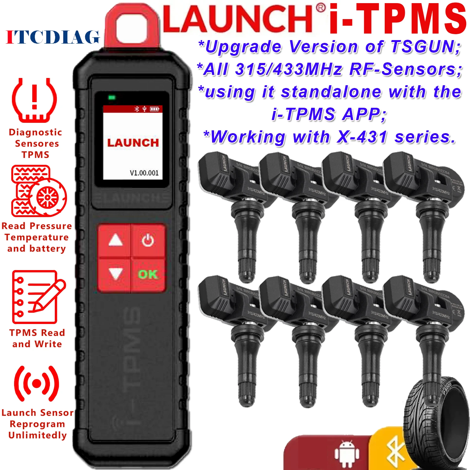 Launch X431 I-Tpms Rilevatore Di Pressione Dei Pneumatici Aggiornato Di Tsgun Può Funzionare Autonomo Tramite L'App I-Tpms O Funziona Con Launch X431 