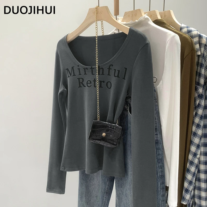 

DUOJIHUI American Vintage Chic Letter Printing Women T-shirts Autumn New Simple Casual Fashion Solid Color Basic Female T-shirts