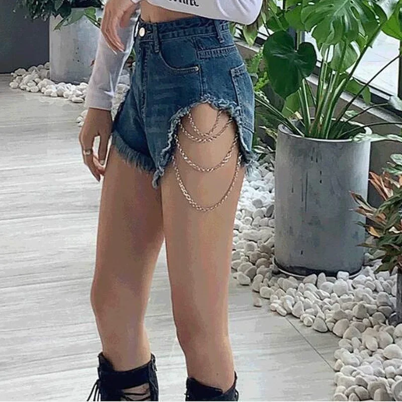 Summer Skinny Shorts 2023 Women Blue Hole High Waist Streetwear Shorts Bottoms Sexy Club Fringe Denim Short Jeans Chain Lace Up