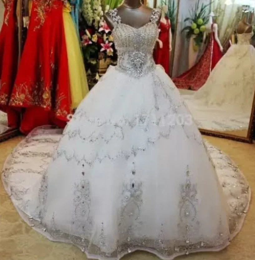 Сделанное на заказ бальное платье свадебное платье пышное Тюлевое кружевное с жемчугом кристаллами бусинами бриллиантами 2023 новый дизайн роскошное свадебное платье SD99M