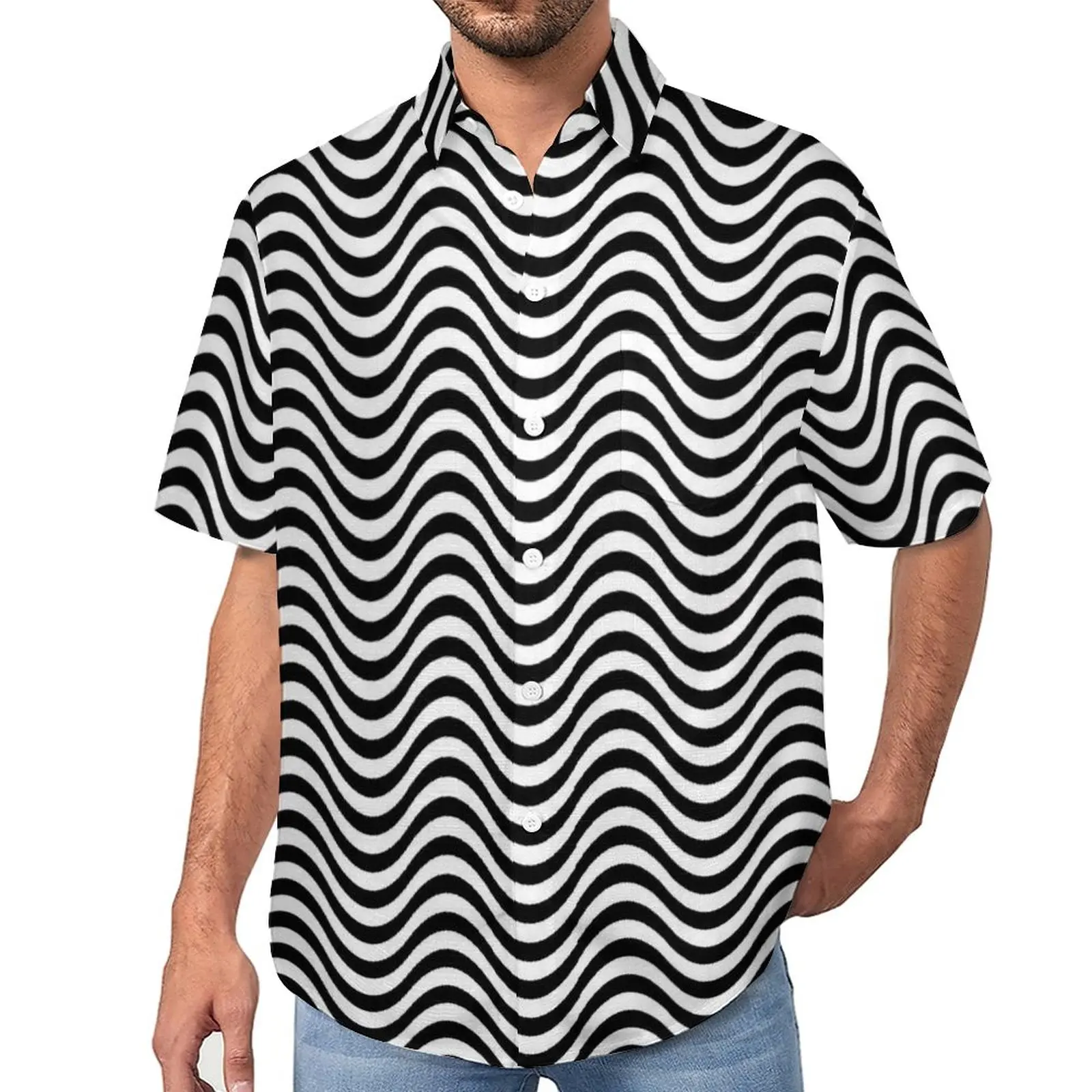 

Black And White Wave Beach Shirt Stripes Hawaiian Casual Shirts Men Y2K Blouses Short Sleeve Graphic Clothing Big Size