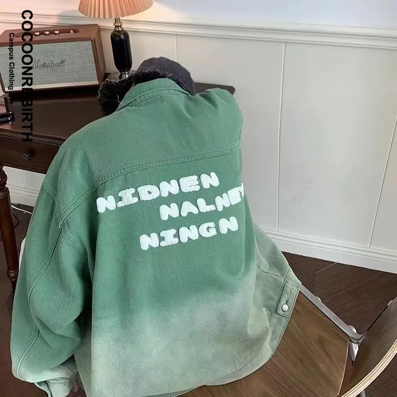 

Корейская винтажная джинсовая куртка для мужчин и женщин, Свободные повседневные ковбойские куртки с градиентной вышивкой на завязках, уличная одежда унисекс Y2k в стиле Харадзюку