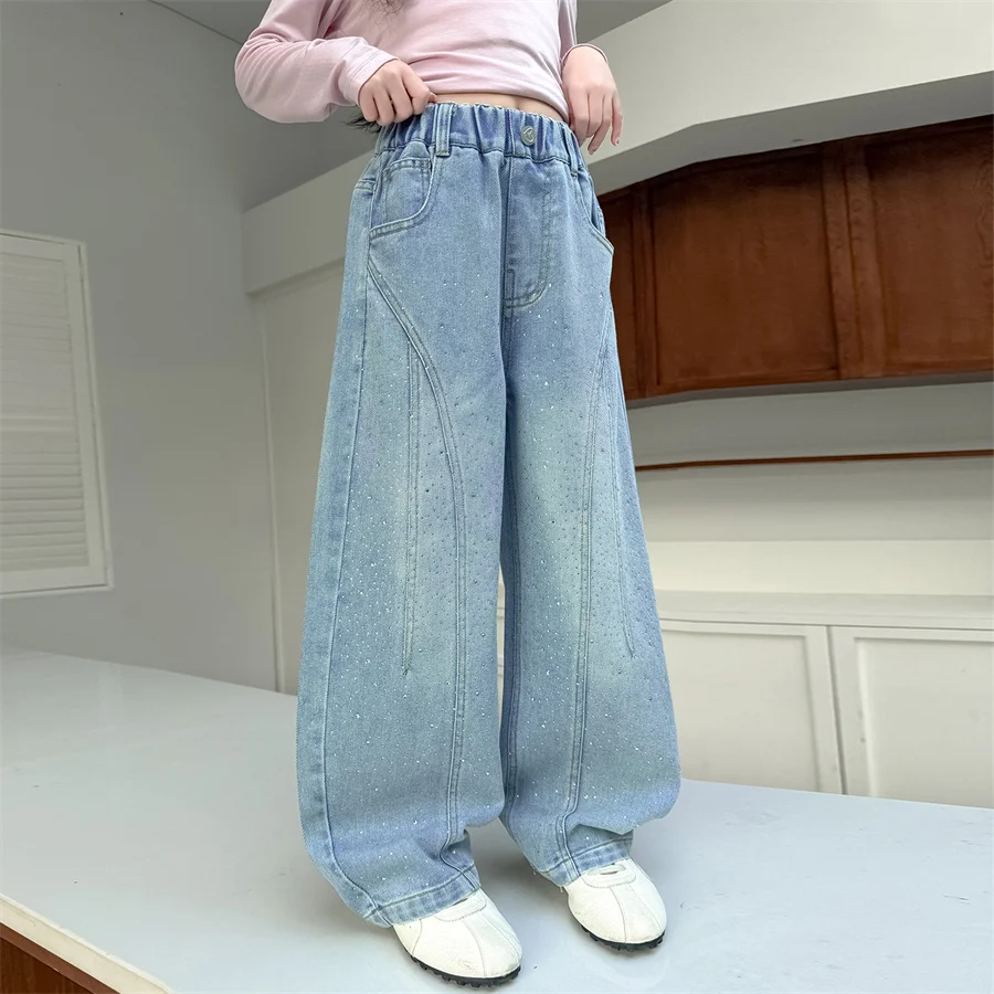 새로운 봄 어린이 세련된 크리스탈 장식 청바지 소녀를위한 패션 곡선 데님 바지 어린이 캐주얼 스트레이트 바지