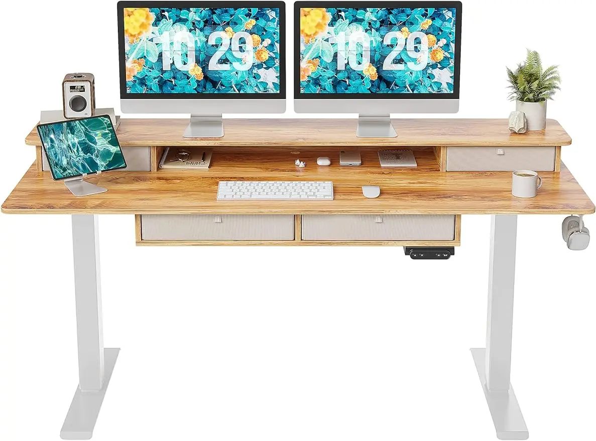

FEZIBO Sturdy Height Adjustable Electric Standing Desk with Drawers, 63 x 24 Inch Stand Up Table with Large Storage Shelf