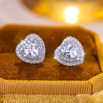 Cute Female Small White Zircon Stone Heart Stud Earrings Vintage Silver Color Summer Wedding Jewelry For Women
