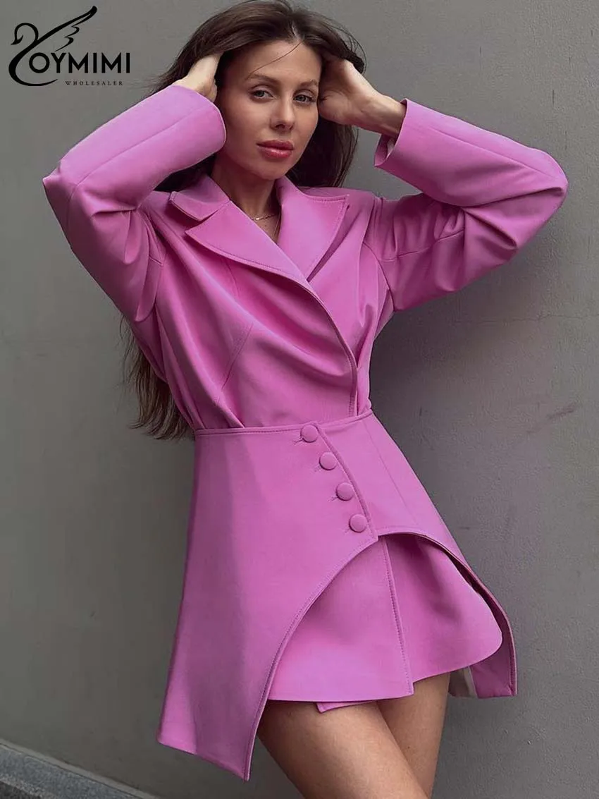 Oymimi Fashion Pink Two Piece Set For Women Elegant Turn Down Collar Long Sleeve Shirts And High Waist Button Mini Skirts Sets