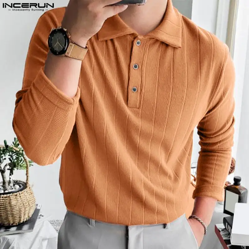 

Men Shirt Knitted Striped Solid Color Lapel Streetwear Long Sleeve Casual Men Clothing 2024 Stylish Leisure Camisa S-5XL INCERUN