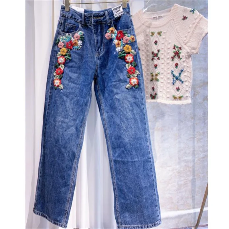 rhinestone-high-waist-embroidered-loose-slim-wide-legs-stretch-jeans-women
