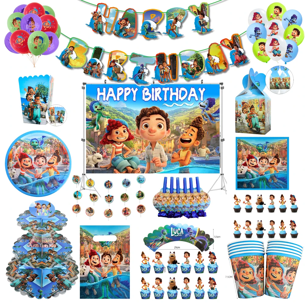Набор посуды Disney Luca принадлежности для тематической вечеринки, детские бумажные тарелки, чашки, скатерти, латексные шары, день рождения бумажные салфетки disney красные декоративные тарелки для воздушных шаров панды детской вечеринки дня рождения