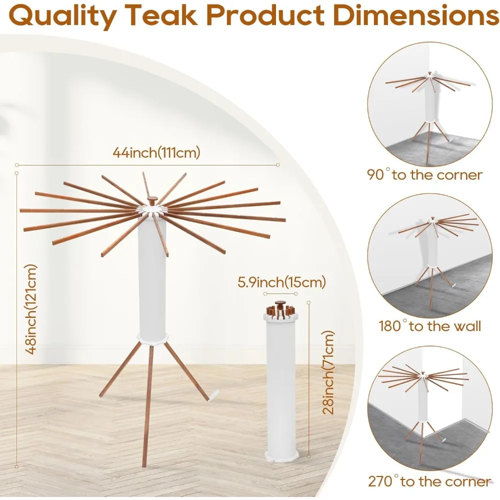 Portable Teak Tripod Clothes Drying Rack, Foldable Space & Saving Design, Versatile Laundry with 16 Waterproof Wood Rods 4