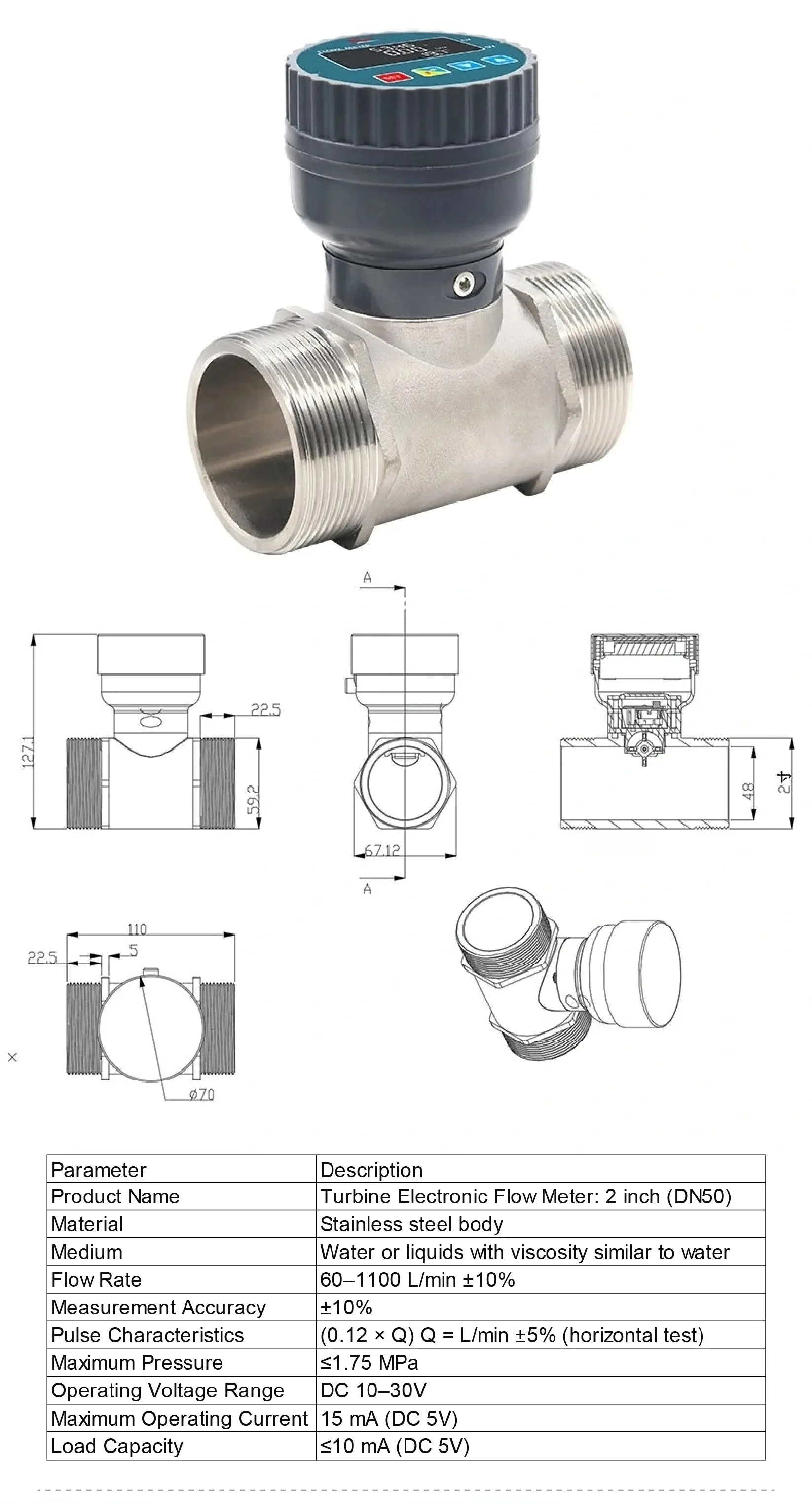 RS485 Stainless Steel Digital Display Flow Meter High Precision Liquid Water Flo