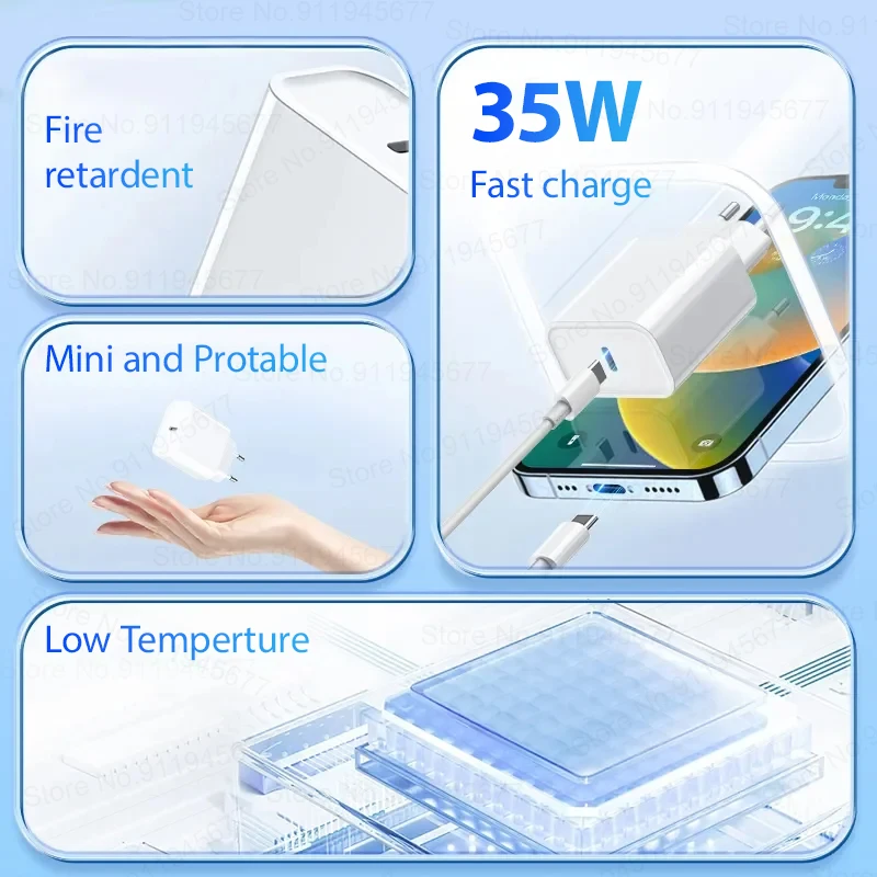 애플 아이폰용 고속 충전기, For Apple iPhone PD 35W, 14, 13, 12, 11, 15 프로 맥스 플러스, USB C 충전기, 고속 충전, 7, 8, 6, 6S, XR, XS, SE, 휴대