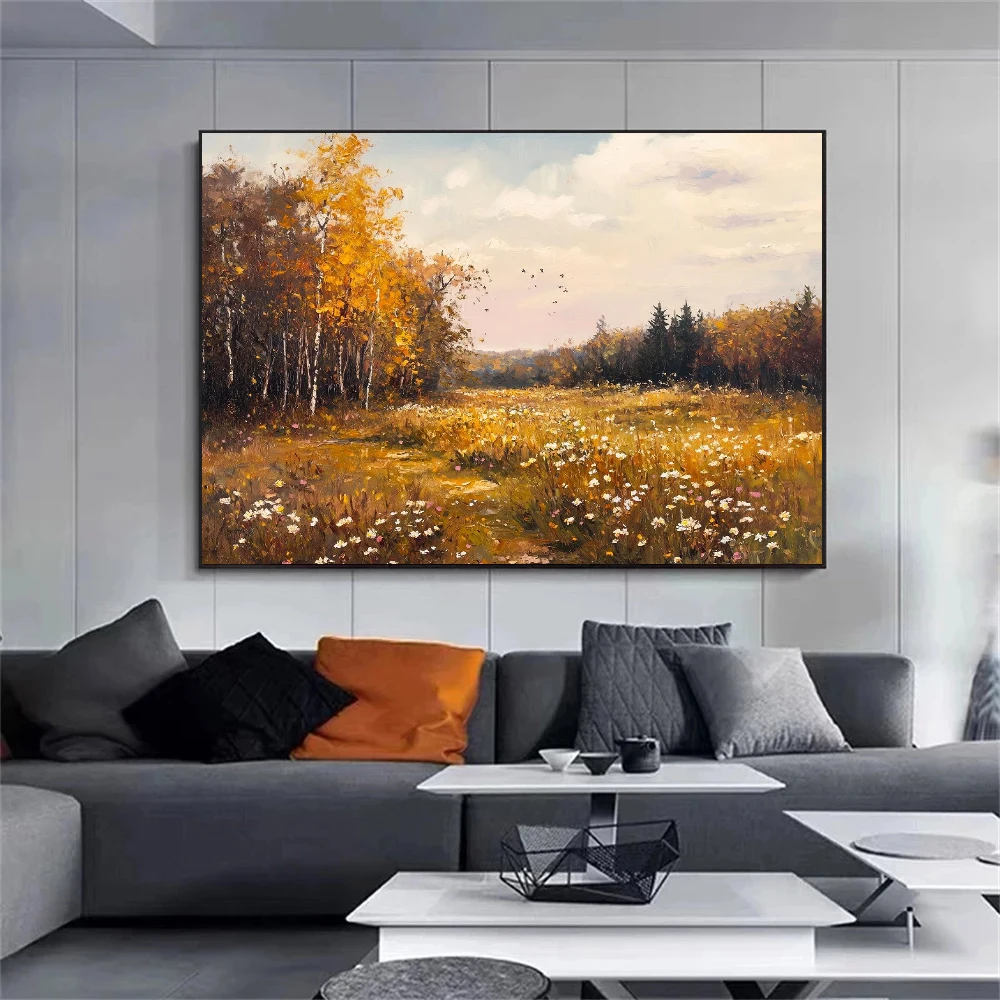 Moody Autumn Wildflower Landscape Canvas Print – Vintage Rustic Country Scenery Wall Art Decor