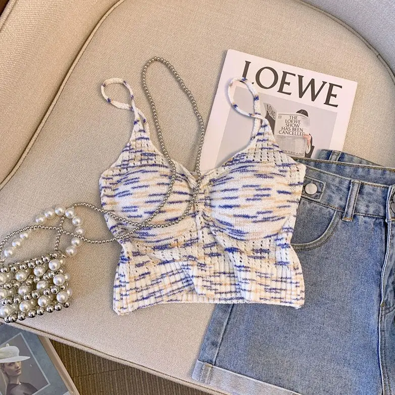 Colorful Striped Camisole Knit Vest Women\'s Summer 2023 New Sweet and Spicy Sexy Sleeveless Tank Top
