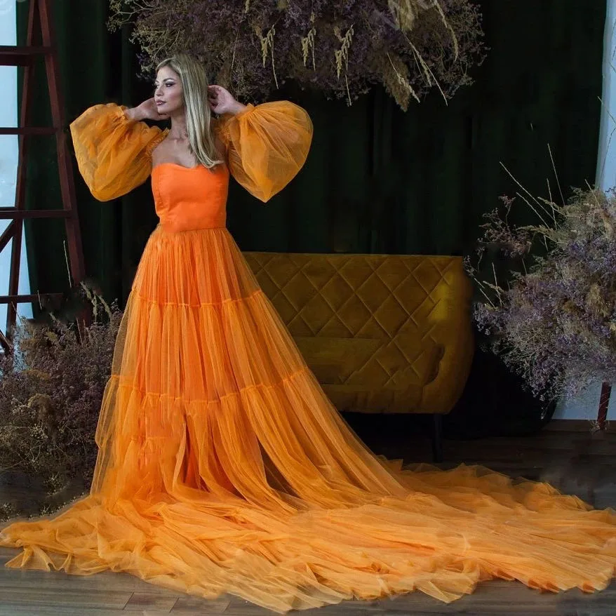 

Elegant Orange Photo Shoot Dress with Detachable Sleeves Strapless Long Train Prom Gown Party Dresses Photography Props Custom