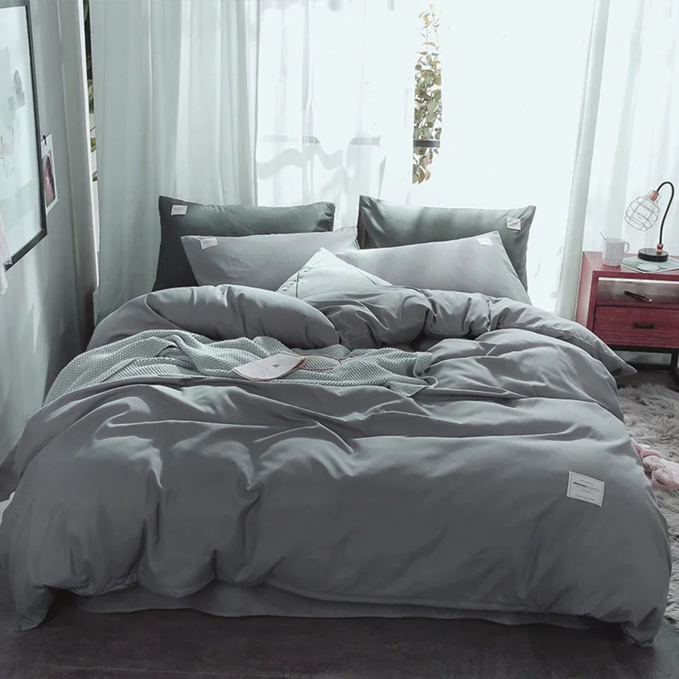

Nordic Bedding Set Luxury Duvet Cover With Flat Sheet 4-Piece Solid Color White Bed Covers Queen King Size Grey AB Side Bed Set