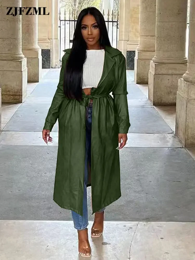 

Moto & Biker Women's PU Faux Leather Coats Vintage Turn Down Collar Long Sleeve Cardigan Streetwear Open Front Extra-long Jacket