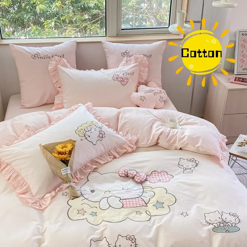 

Sanrios Hellokittys Anime Cute Cartoon Cotton Bedding Japanese Kawaii Bed Sheet Quilt Cover Soft Skin-friendly Children's Bed