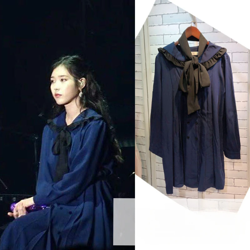 Kpop IU Lee Ji Eun Streetwear Fashion Blue Bow-Kont Sweet Dress Women Japanese College Style Kawaii Loose Long Sleeve Dresses
