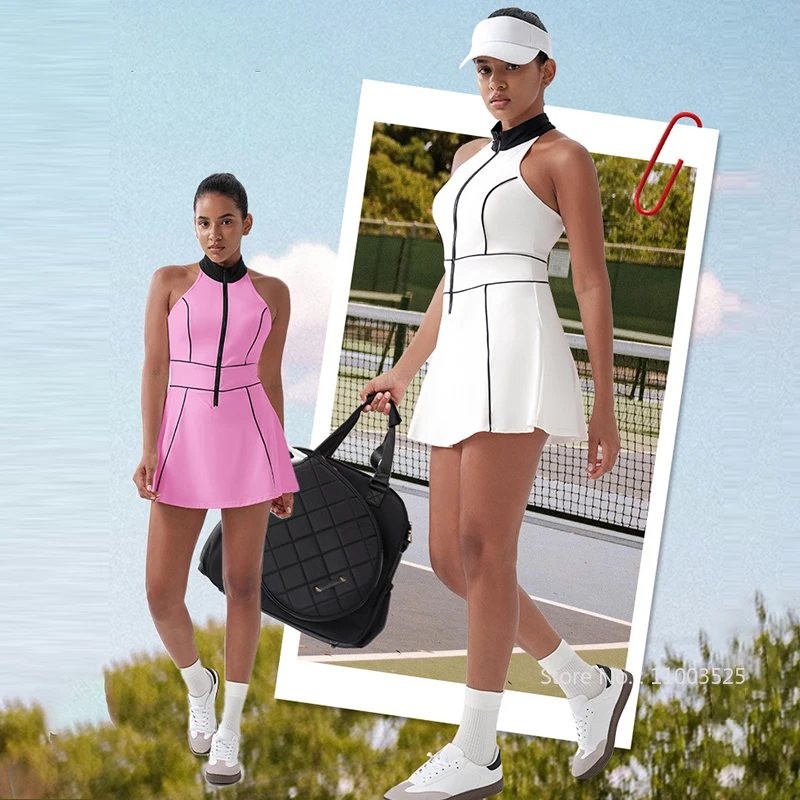 Summer Women Tennis Dress Sleeveless Zipper front Fitness Dress Ladies Running Slimming Soft Sports Yoga Skirt