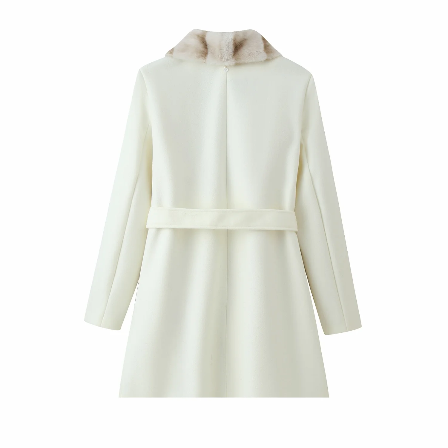 Women Elegant Faux Fur Lace Up Overcoat Female Full Sleeve With Belted Lapel Woolen Coat Lady Jacket Autumn Winter Warm Outwear