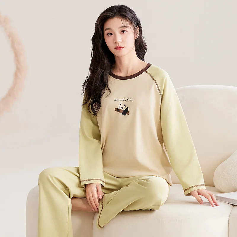 Pijamas de algodón para mujer, Otoño Invierno, mangas largas, pantalones largos, cárdigan con cuello redondo, ropa de dormir Kawaii para mujer, ropa de descanso