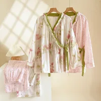 2026 New Spring and Autumn Women's Kimono Set 100% Cotton Gauze Chinese style Cardigan Long Sleeve Loose Simple Pajama Set