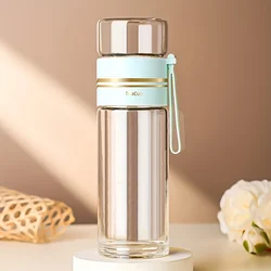 Portable Double - Walled Glass Tea Infuser Mug with Stainless Steel Strainer, 520ml Capacity - 500ML (Light Blue)