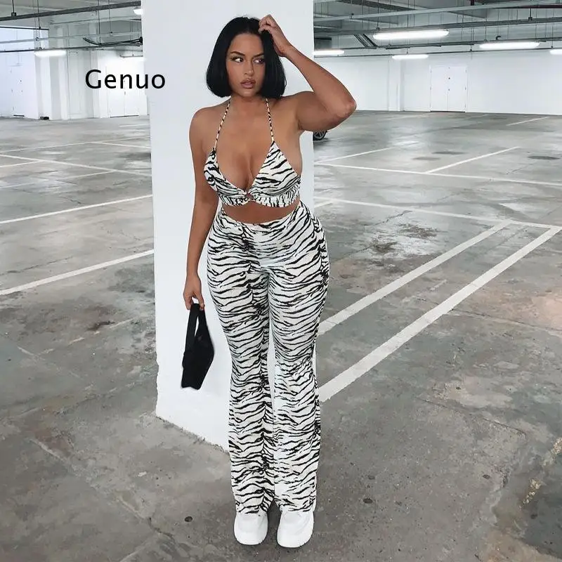 

2022 Women Tracksuit Sweat Suits High Waist Stripe Zebra Printed Sexy Streetwear Two Piece Set Mini Crop Top Long Flare Pants
