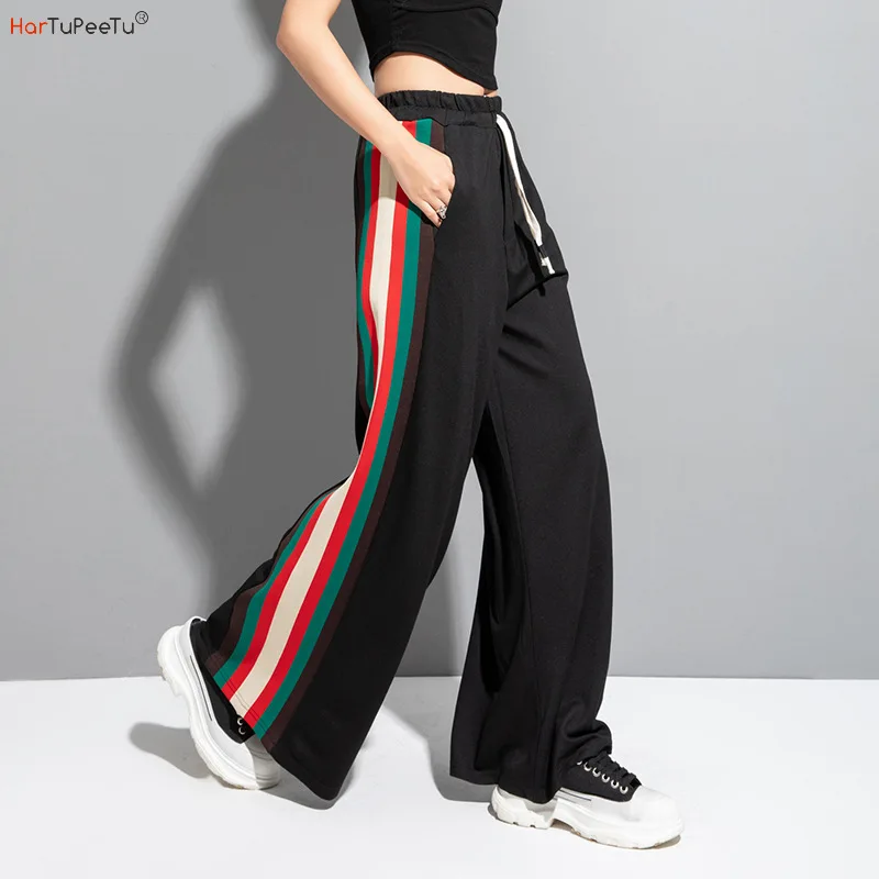 Black Sport Pants Women Wide Leg Trouser Cotton Summer 2023 New Thin Sweatpants Hip Hop Vertical Stripe Loose Casual Clothing