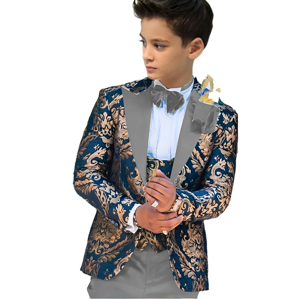 Gold-stamped Navy blue Boy Suit 3-piece Set High quality Kids Wedding Tuxedo Top Custom Jacket 2-16 Years Old Suit Boy - Image 4