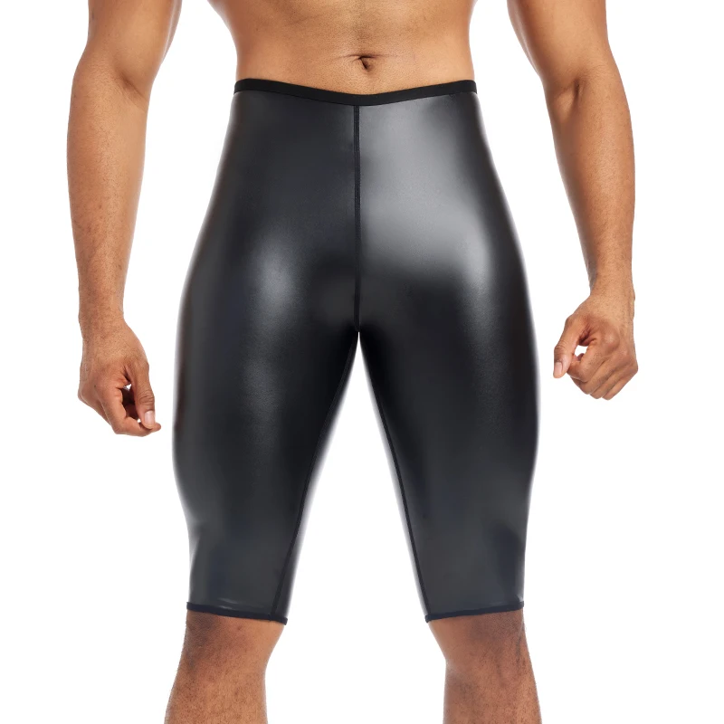 Mens Skinny Leather Pants Body Shaper Waist Trainer High Waist Shaper Control Leggings Compression Underwear Fitness 5pts Shorts