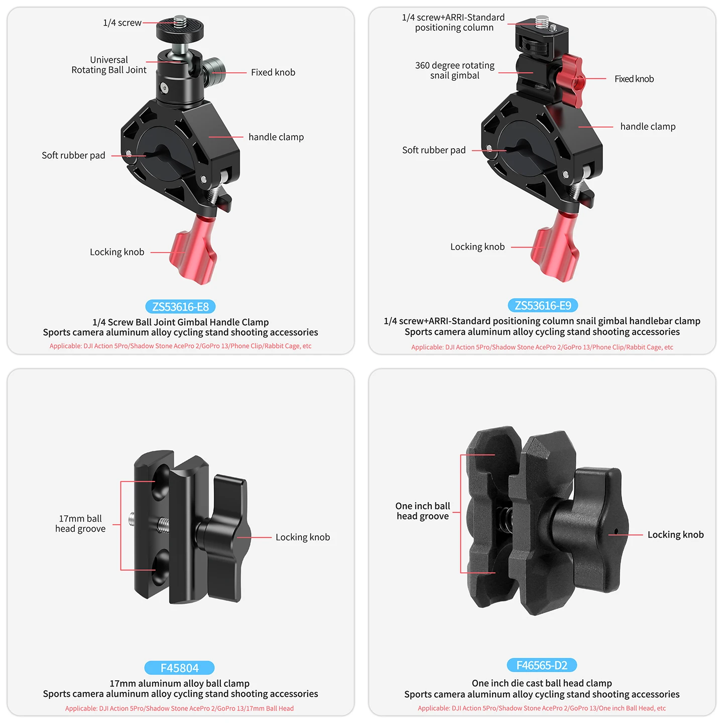 Handlebar Clamp Mount 360 Degree Ballhead Large Tube Bracket Super Clamp for GoP