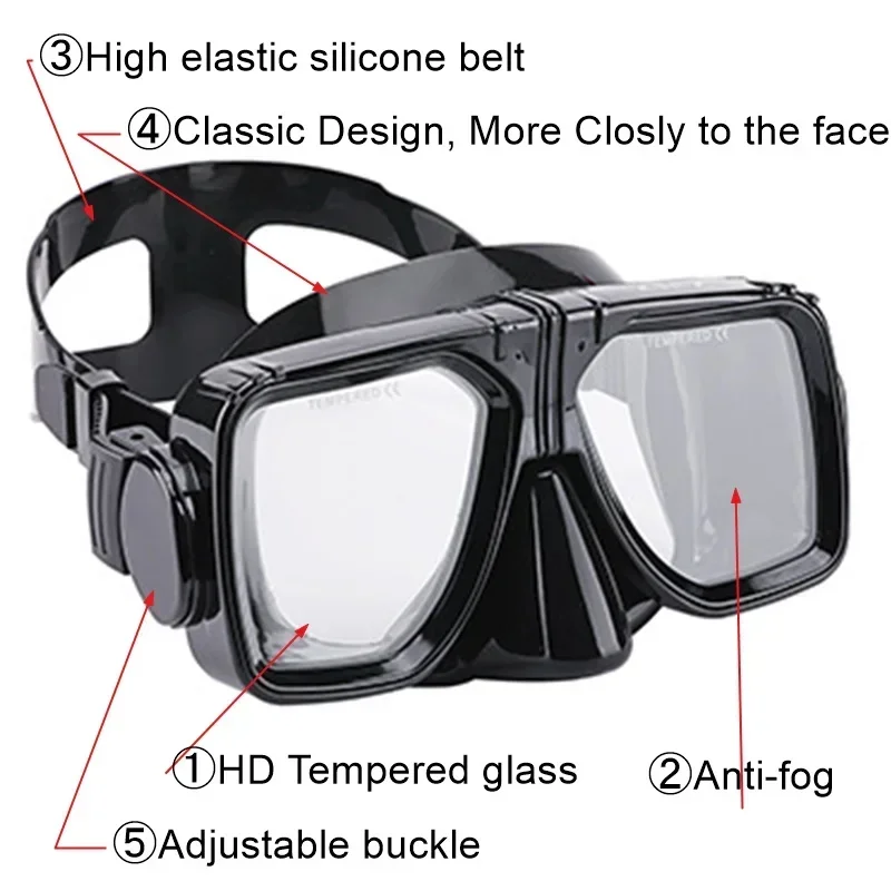 Scuba Diving Mask Black Underwater Dive Freediving Goggles Tempered Glasses with Adjustable Strap Antifog